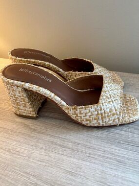 Jeffrey Campbell Tan & Cream Woven Block-Heel Mules